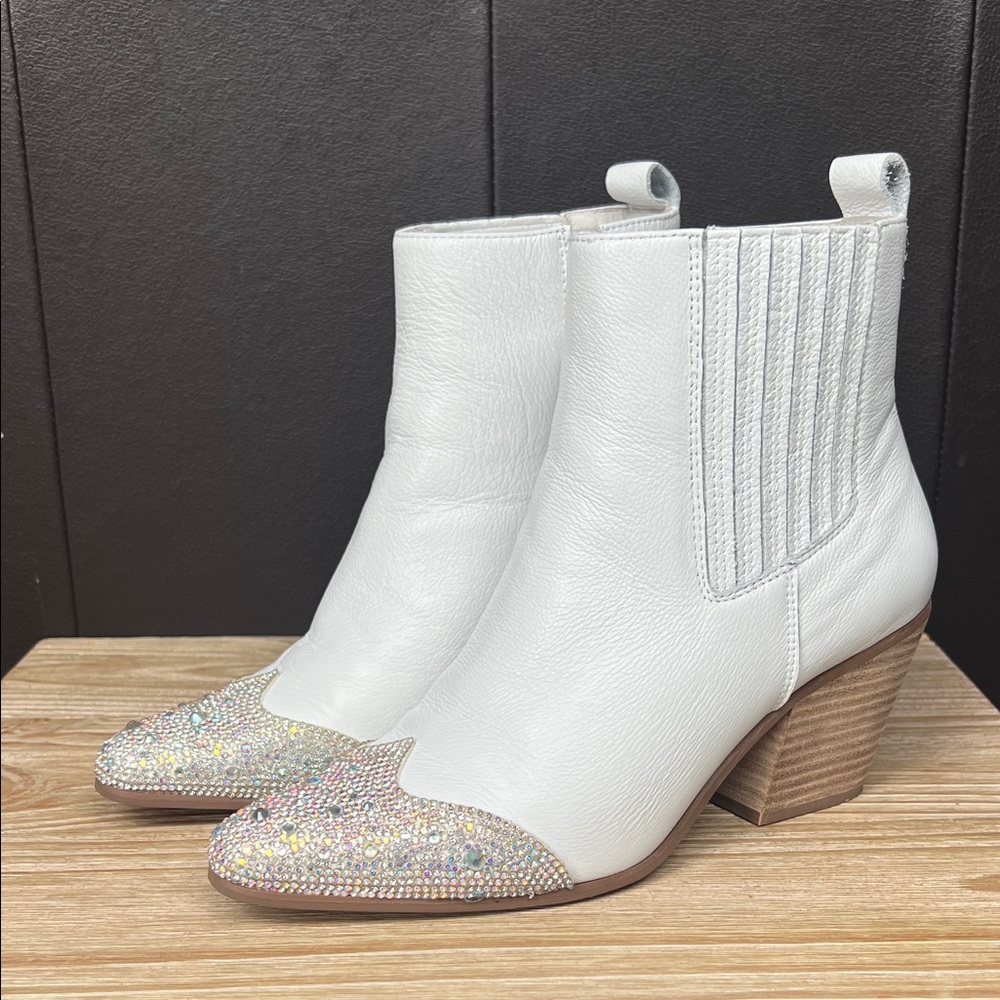 Matisse White Ankle Boots with Rhinestone Toe